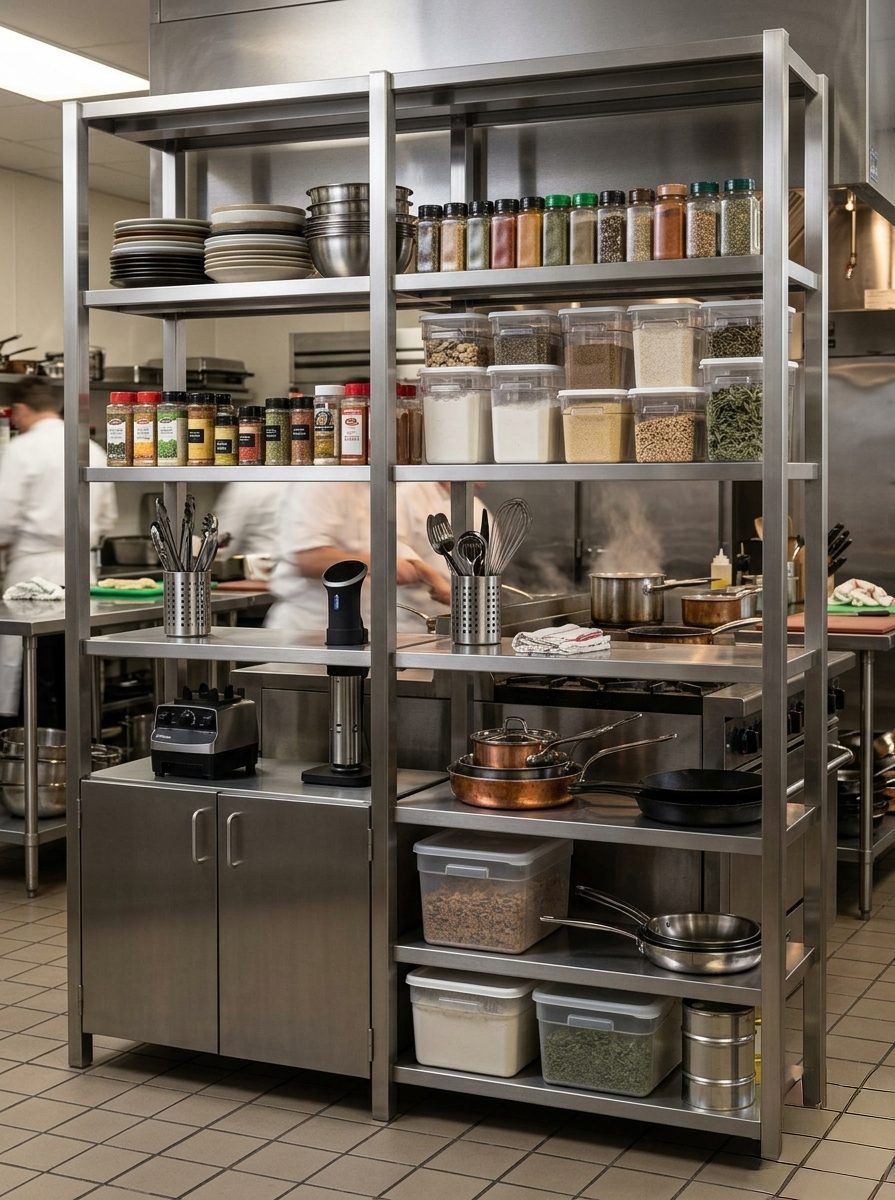 Estantería FlameInox en uso, cocina profesional